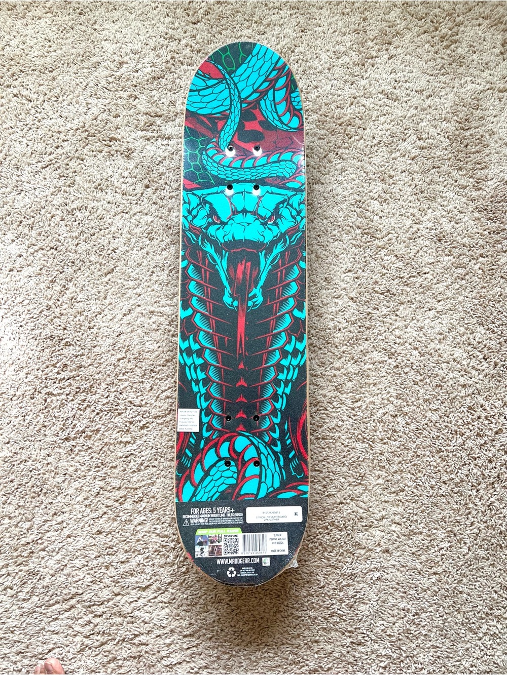 MADDGEAR Skateboard Deck with Teal Cobra Graphic and Neon Lime Stripe